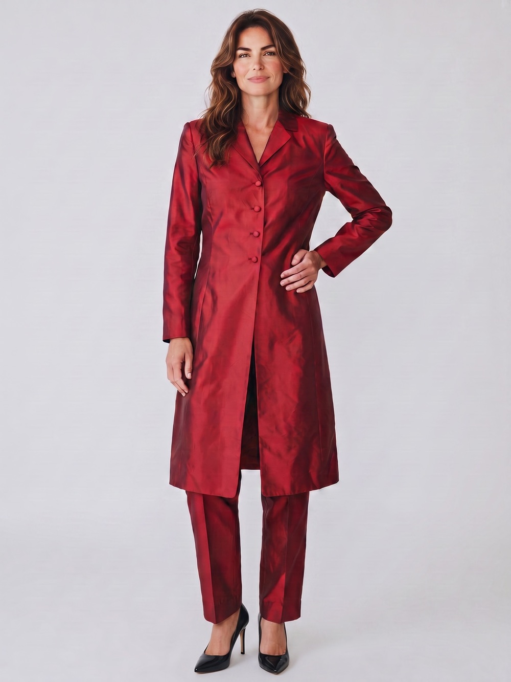 Vintage Ann Taylor LOFT 100% Silk Red Coat Trousers Set Size 12 Petite
